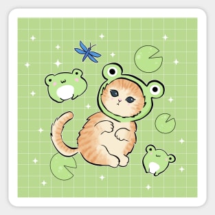 Kawaii Frog and Cat with Toad Hat - Retro 90s Cottagecore Aesthetic featuring Happy Froge Kitten Sticker